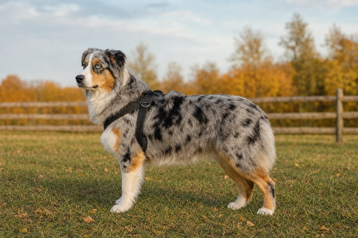 Owczarek australijski z profilu — budowa i umaszczenie blue merle