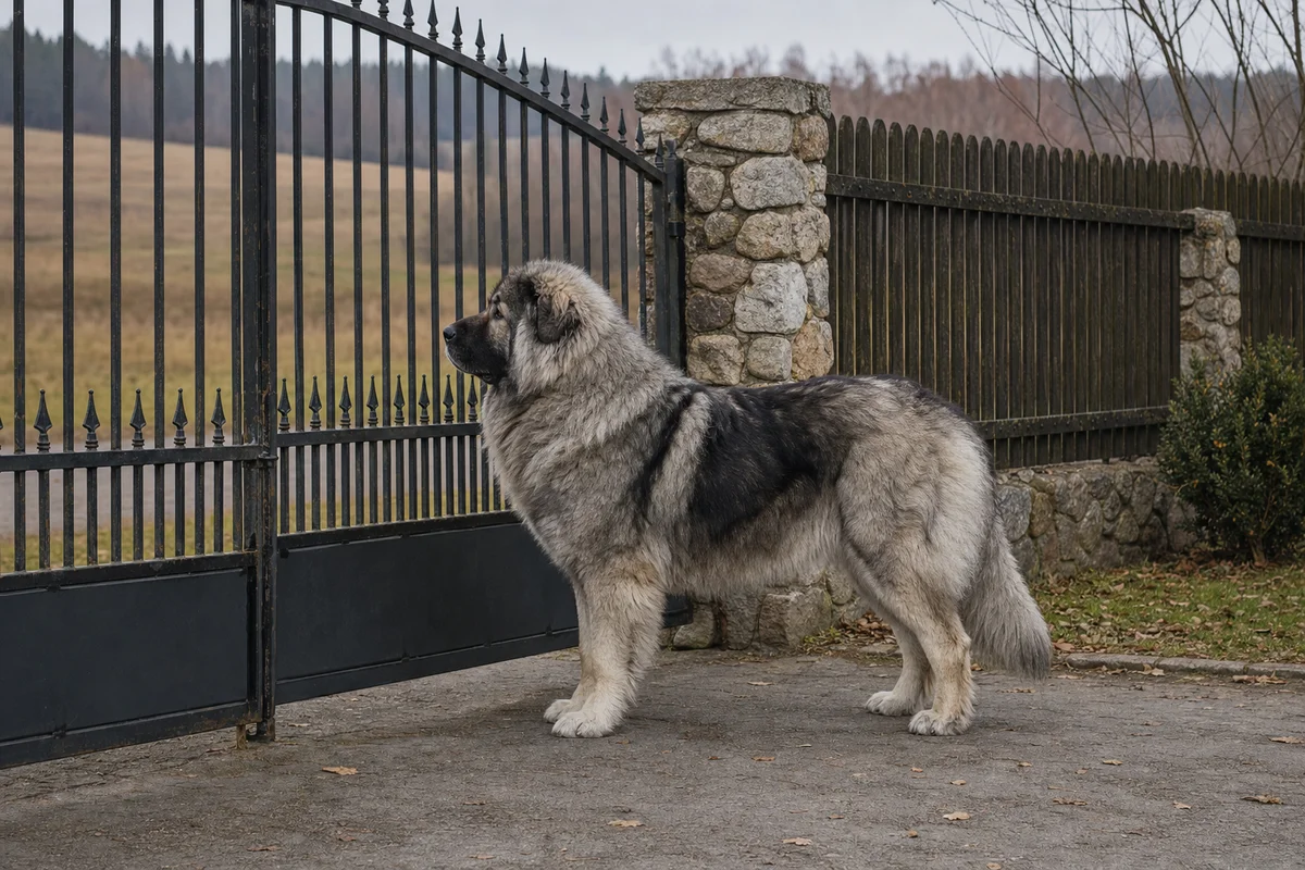 Owczarek kaukaski pilnuje bramy posesji