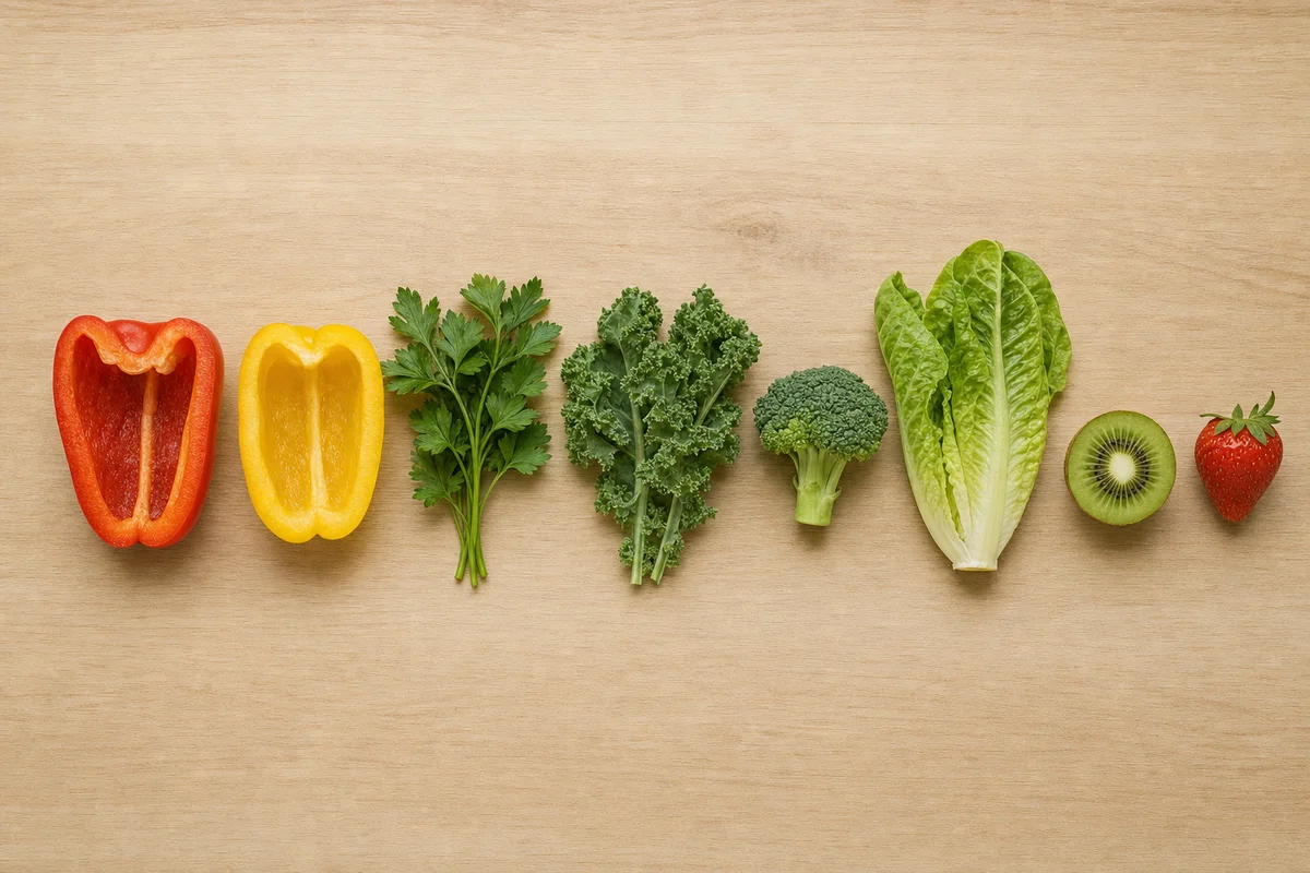 Papryka, natka pietruszki, jarmuż, brokuł, sałata, kiwi i truskawka — źródła witaminy C dla świnki