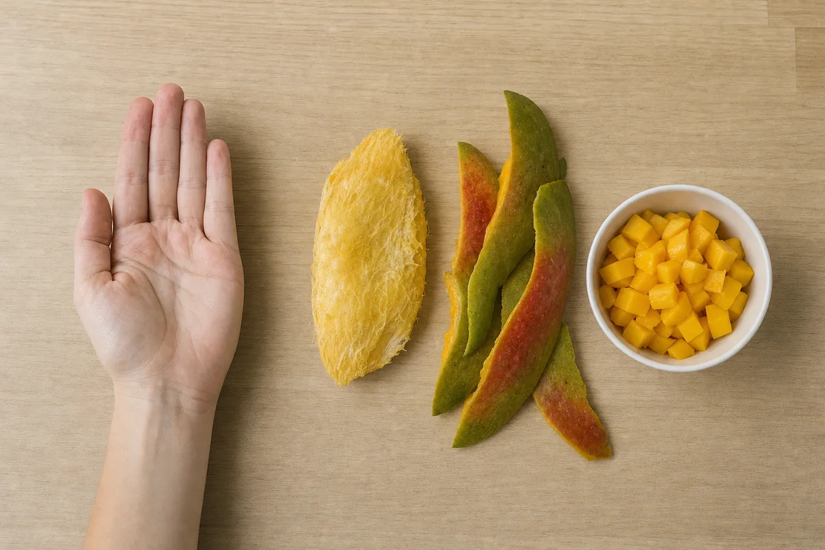 Pestka i skórka mango oddzielone od miąższu pokrojonego dla psa