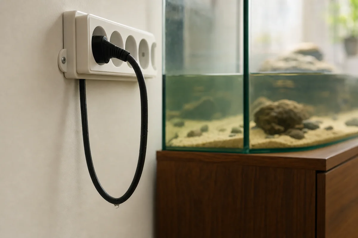 Pętla kabla poniżej listwy zasilającej przy akwaterrarium — kropla skapnie z pętli, nie do gniazdka