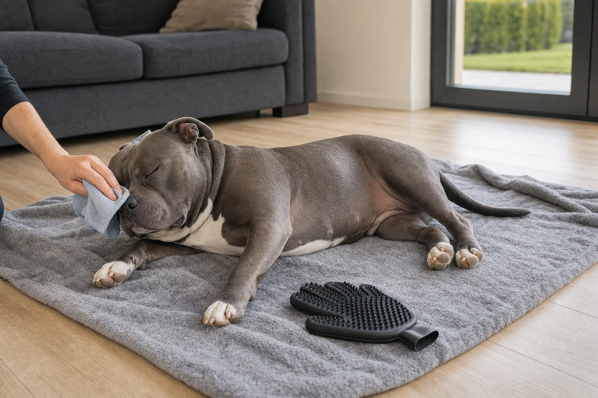 Pielęgnacja american bully — przecieranie fałdy na pysku