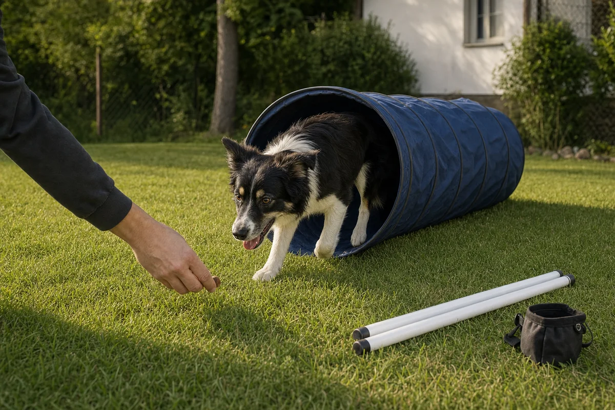 Pierwsze ćwiczenie z tunelem w ogrodzie - agility dla psa w domu