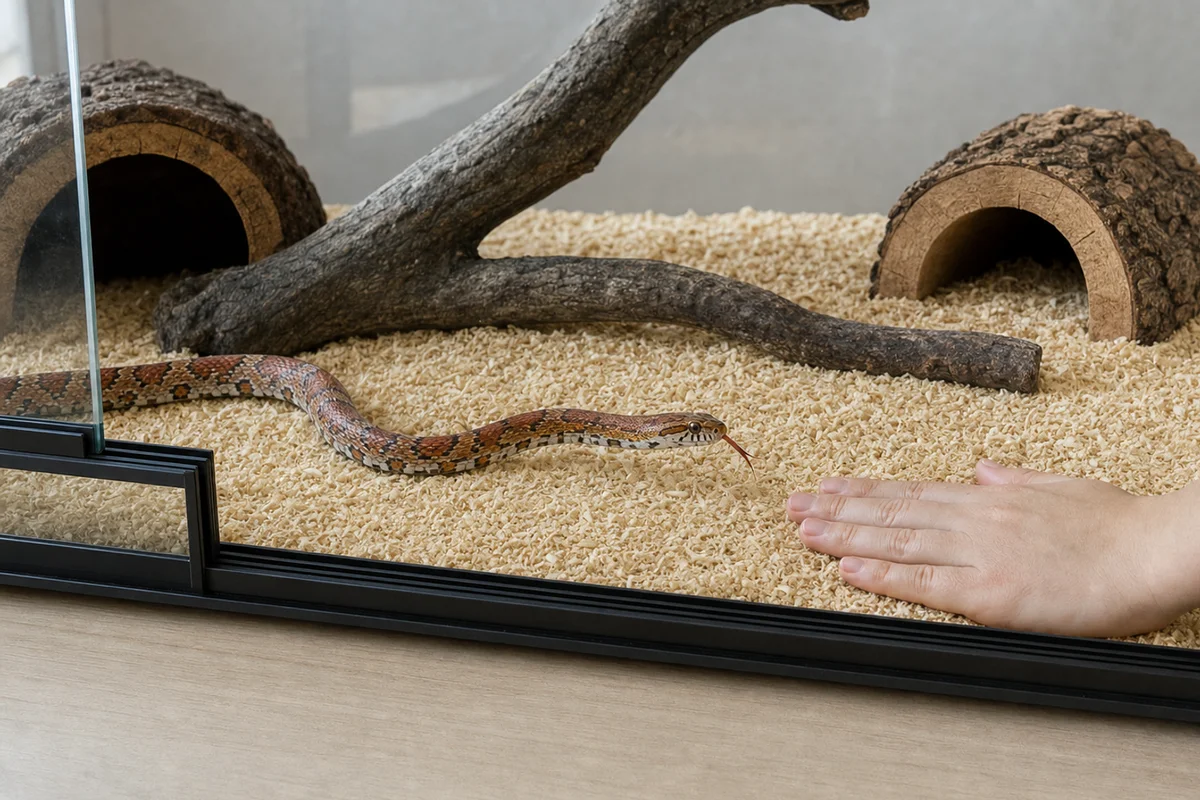 Pierwsze oswajanie węża - nieruchoma dłoń w terrarium