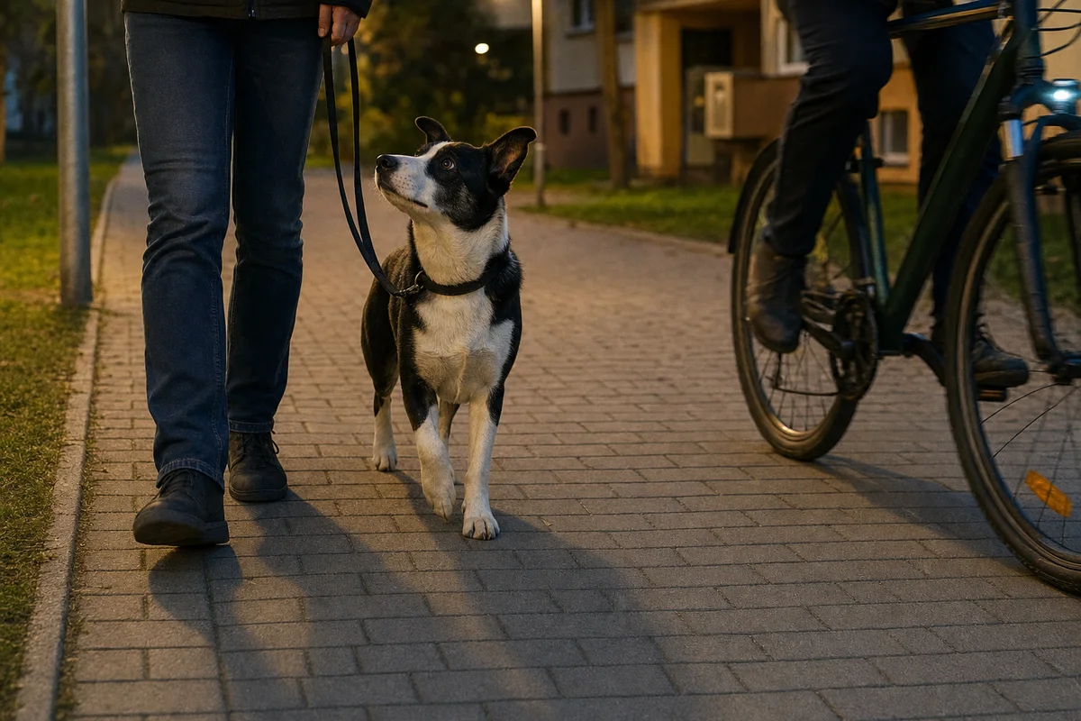 Pies na krótkiej smyczy mija rowerzystę na osiedlowej alejce