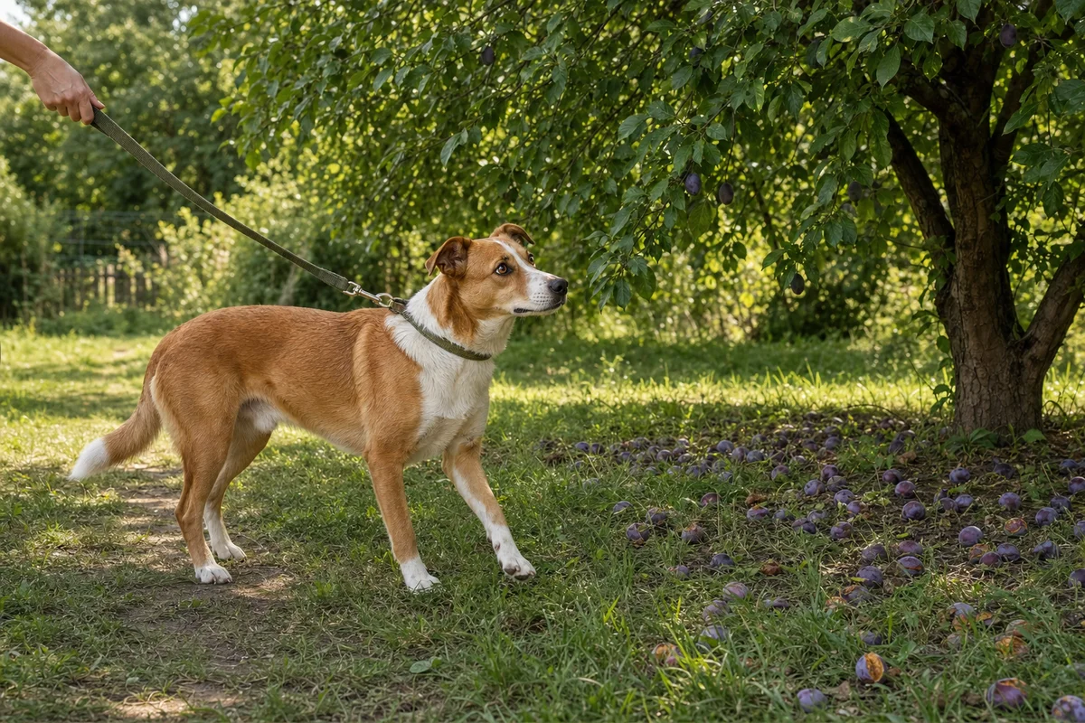 Pies na smyczy omija spady śliwek pod drzewem w ogrodzie