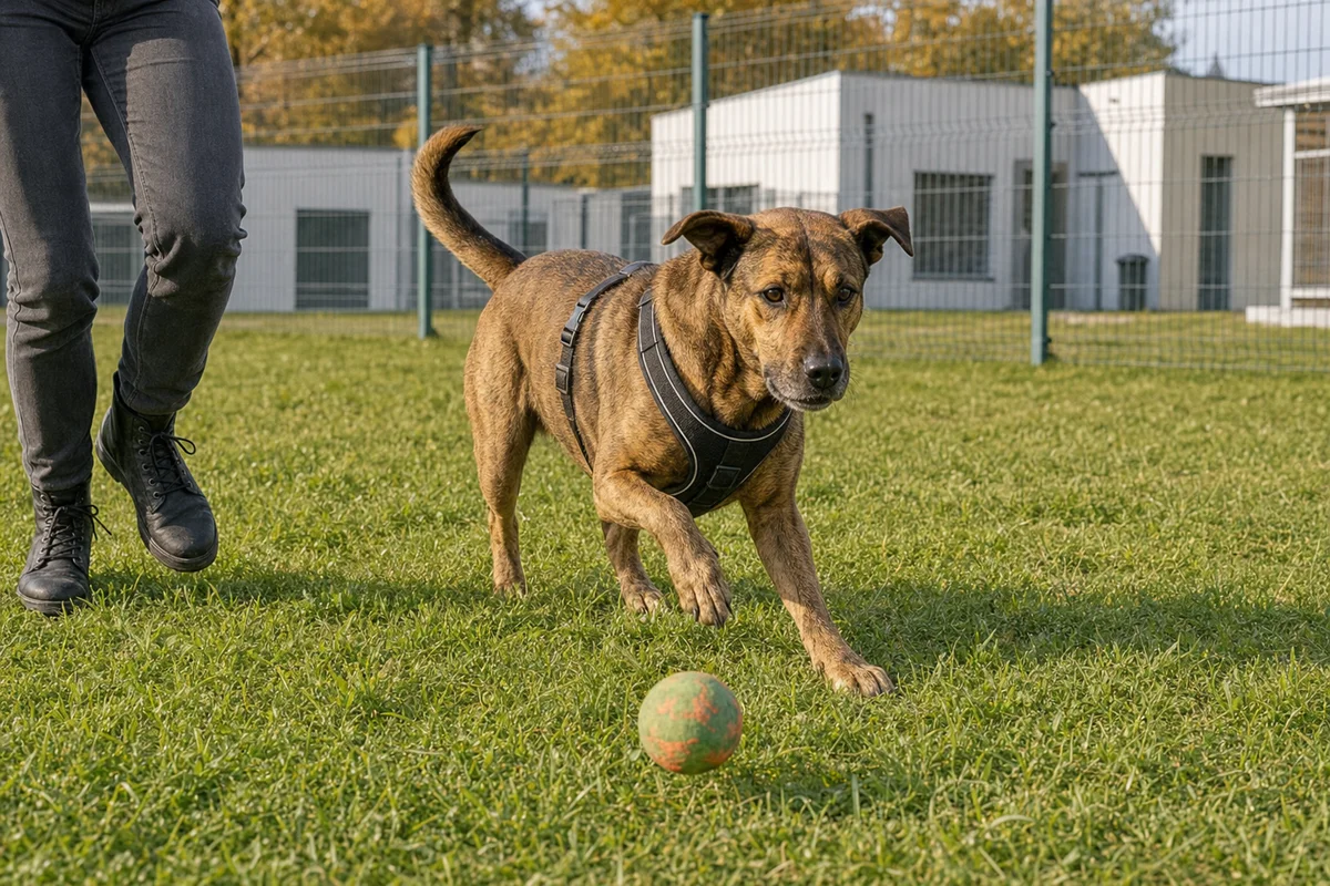 Pies na wybiegu w schronisku podczas spaceru z wolontariuszem
