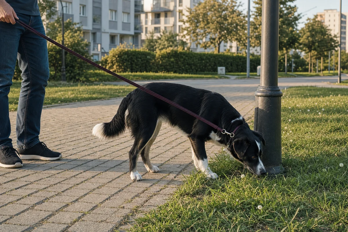 Pies obwąchuje latarnię na spacerze na krótkiej smyczy