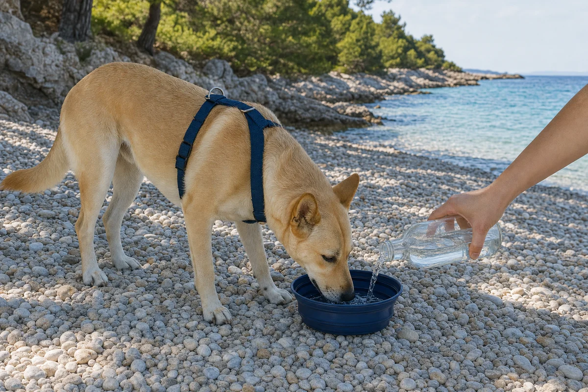 Pies pije wodę z miski turystycznej w upale na plaży