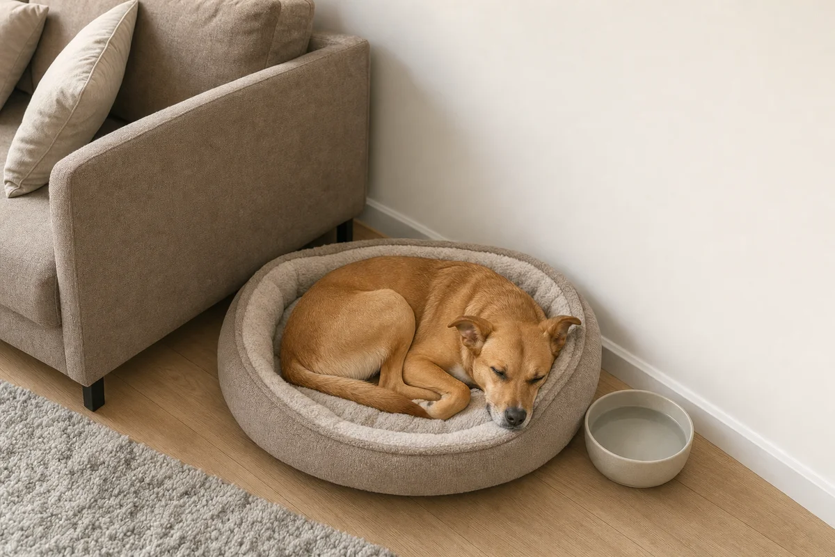 Pies po adopcji odpoczywa na legowisku w nowym domu