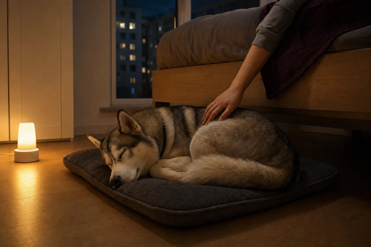 Pies śpi nocą na legowisku obok łóżka opiekuna przy słabej lampce