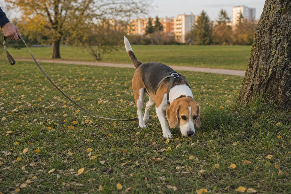 Pies typu beagle węszy na długiej lince — praca nosem na spacerze
