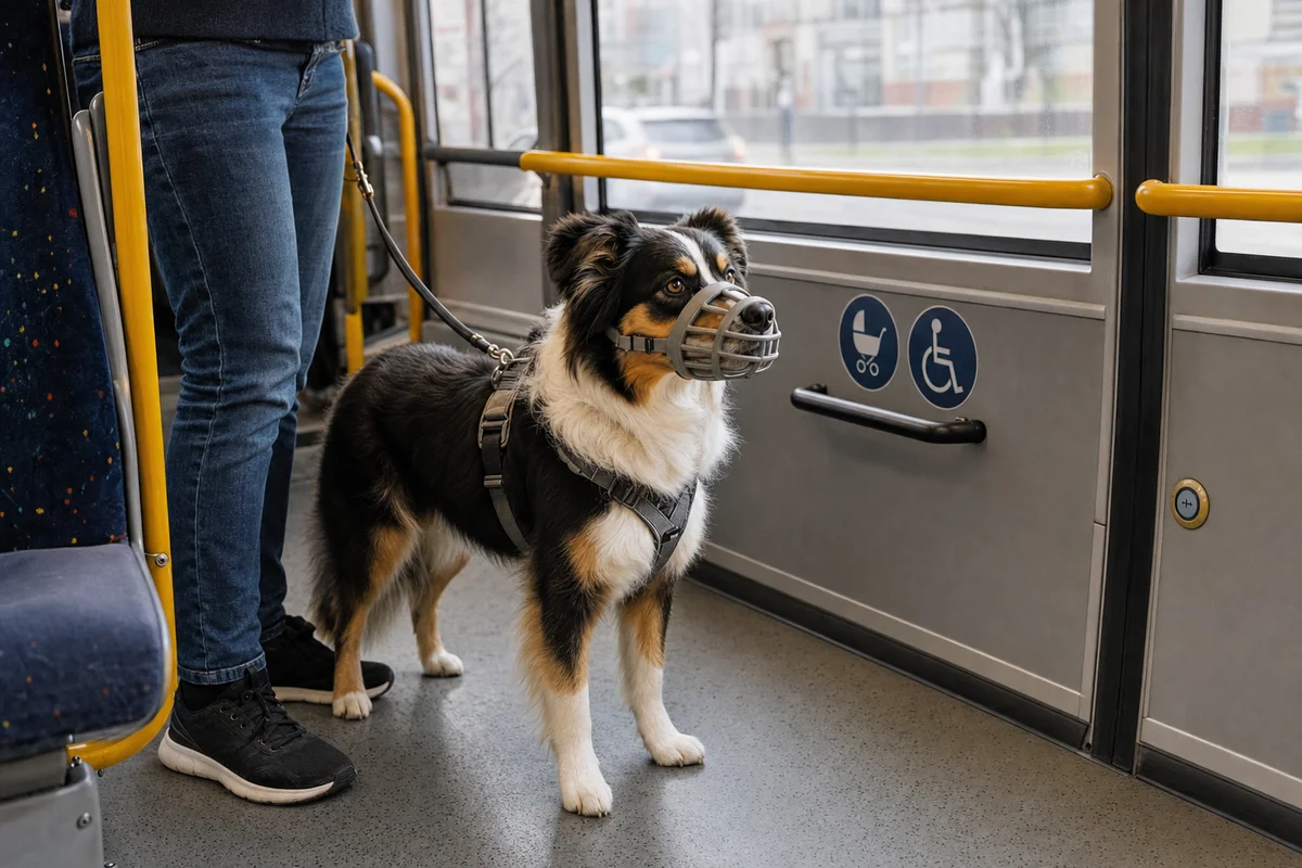 Pies w autobusie miejskim w kagańcu i na smyczy