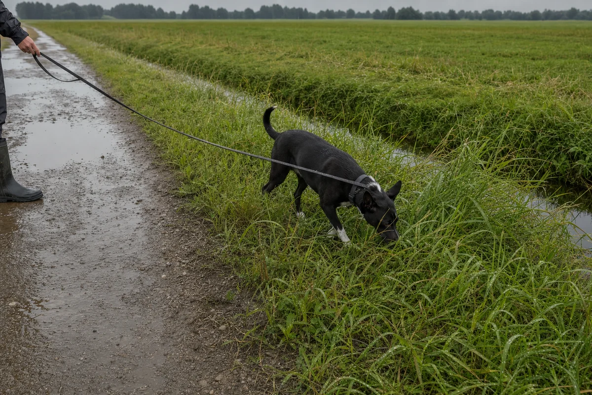 Pies węszy w mokrej trawie przy rowie — teren ryzyka leptospirozy