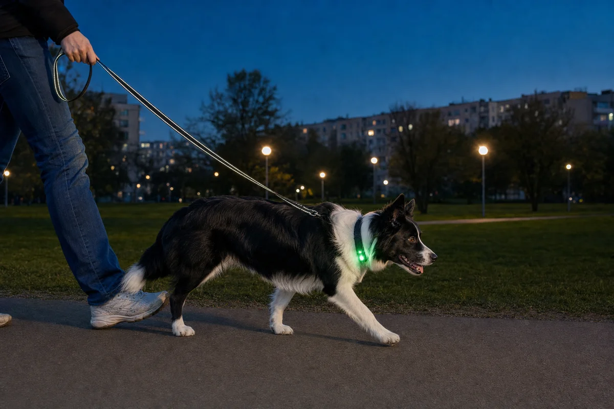 Pies z lampką LED na obroży na spacerze o zmierzchu