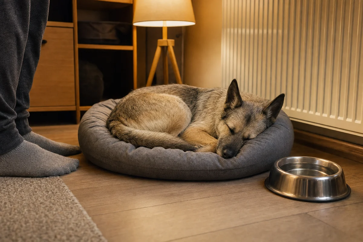 Pies ze schroniska w domu tymczasowym śpi na legowisku