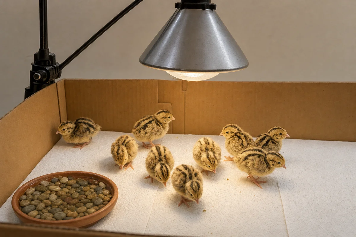 Pisklęta przepiórki pod lampą grzewczą w odchowalni