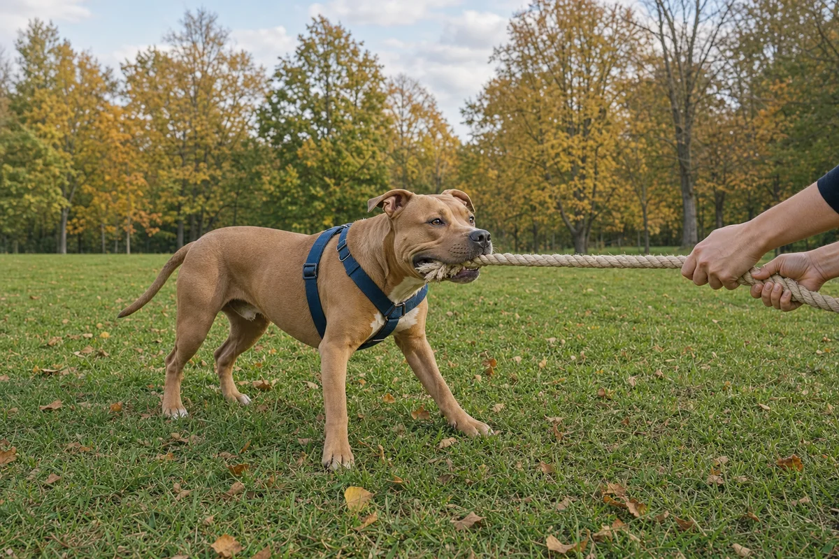 Pitbull bawi się w przeciąganie sznura z opiekunem