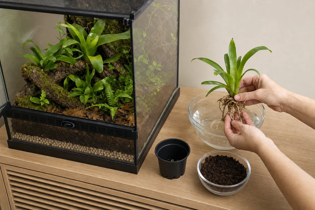 Płukanie korzeni rośliny z kwiaciarni przed posadzeniem w terrarium