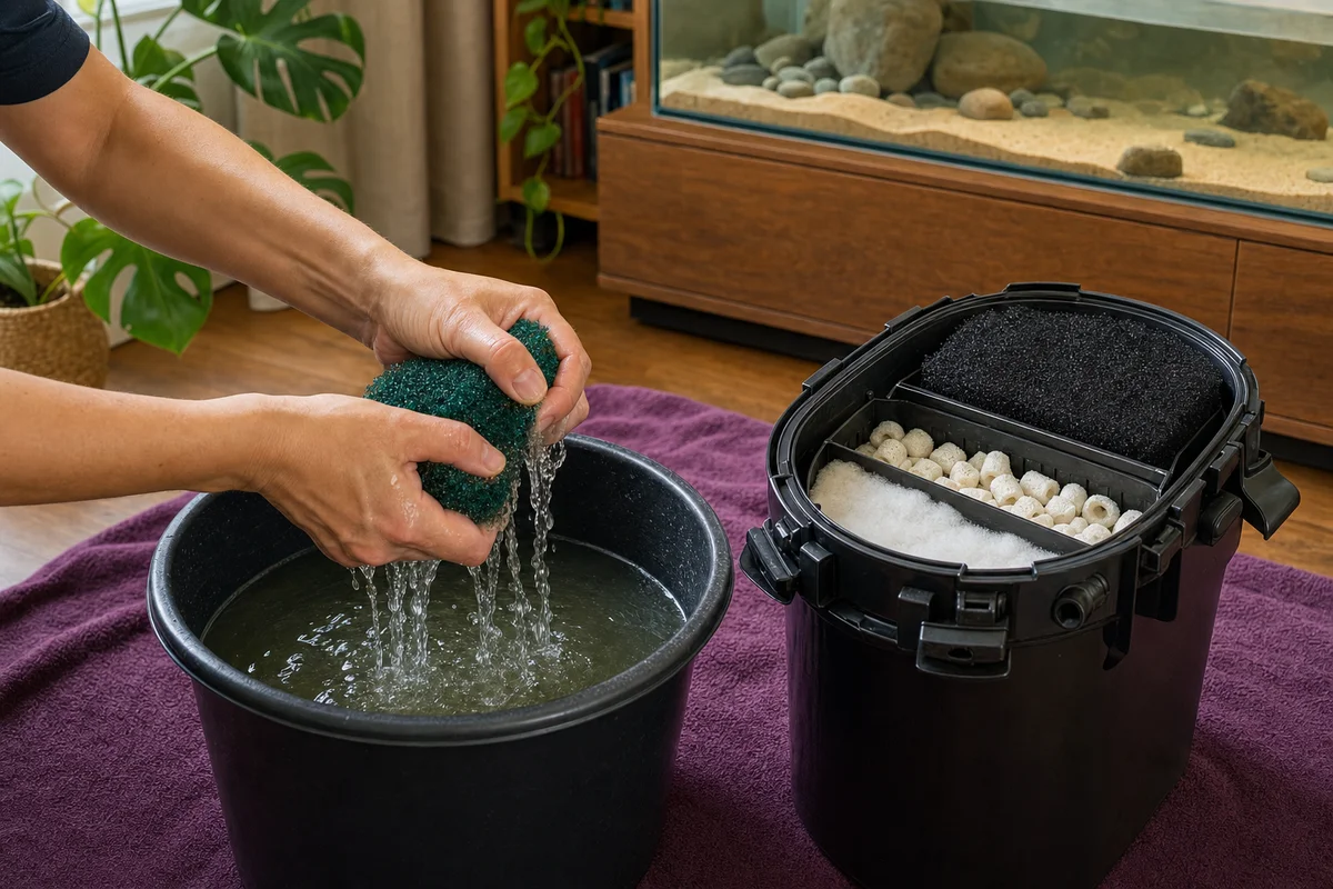 Płukanie wkładu filtra w wodzie z akwaterrarium, nie pod kranem