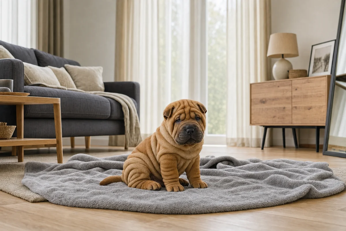 Pofałdowany szczeniak shar pei na kocu
