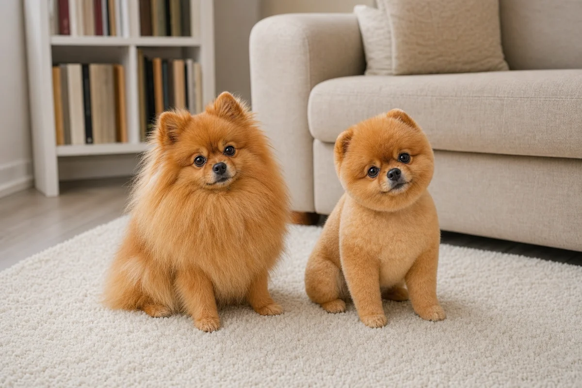Pomeranian w naturalnej szacie i pomeranian ostrzyżony na misia