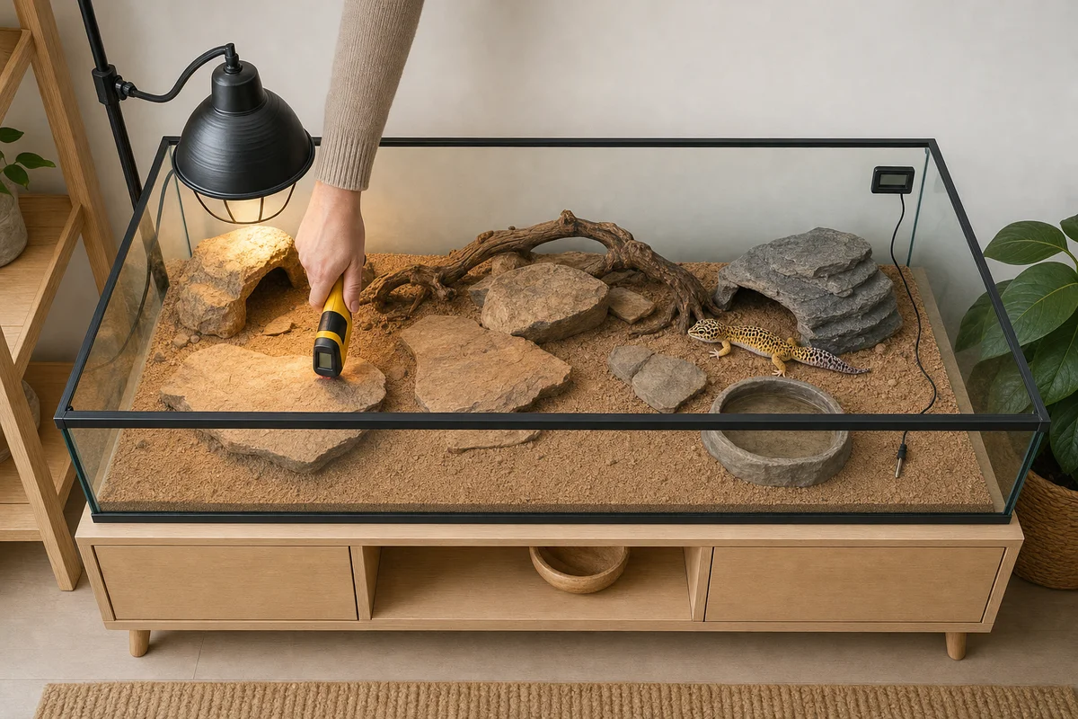 Pomiar temperatury pod lampą i termometr z sondą w terrarium, kontrola w upalny dzień