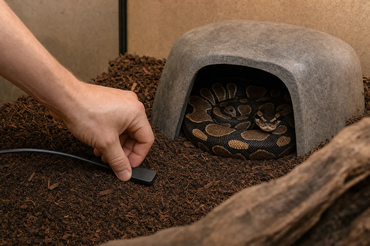 Pomiar temperatury przy dnie terrarium termometrem z czujnikiem