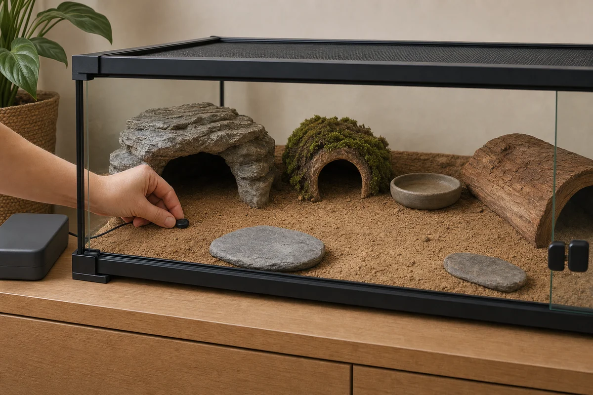 Pomiar temperatury przy podłożu po ciepłej stronie terrarium gekona