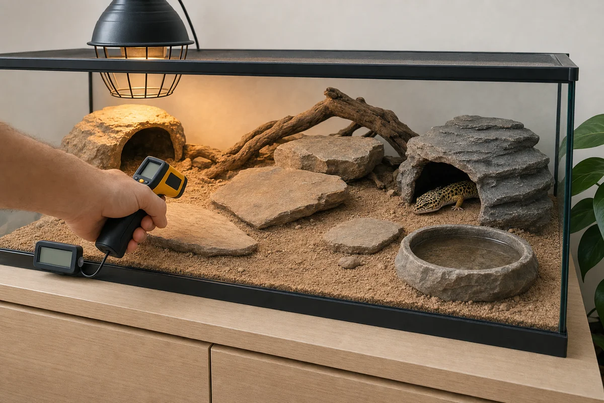 Pomiar temperatury w terrarium termometrem na podczerwień i termometrem z sondą
