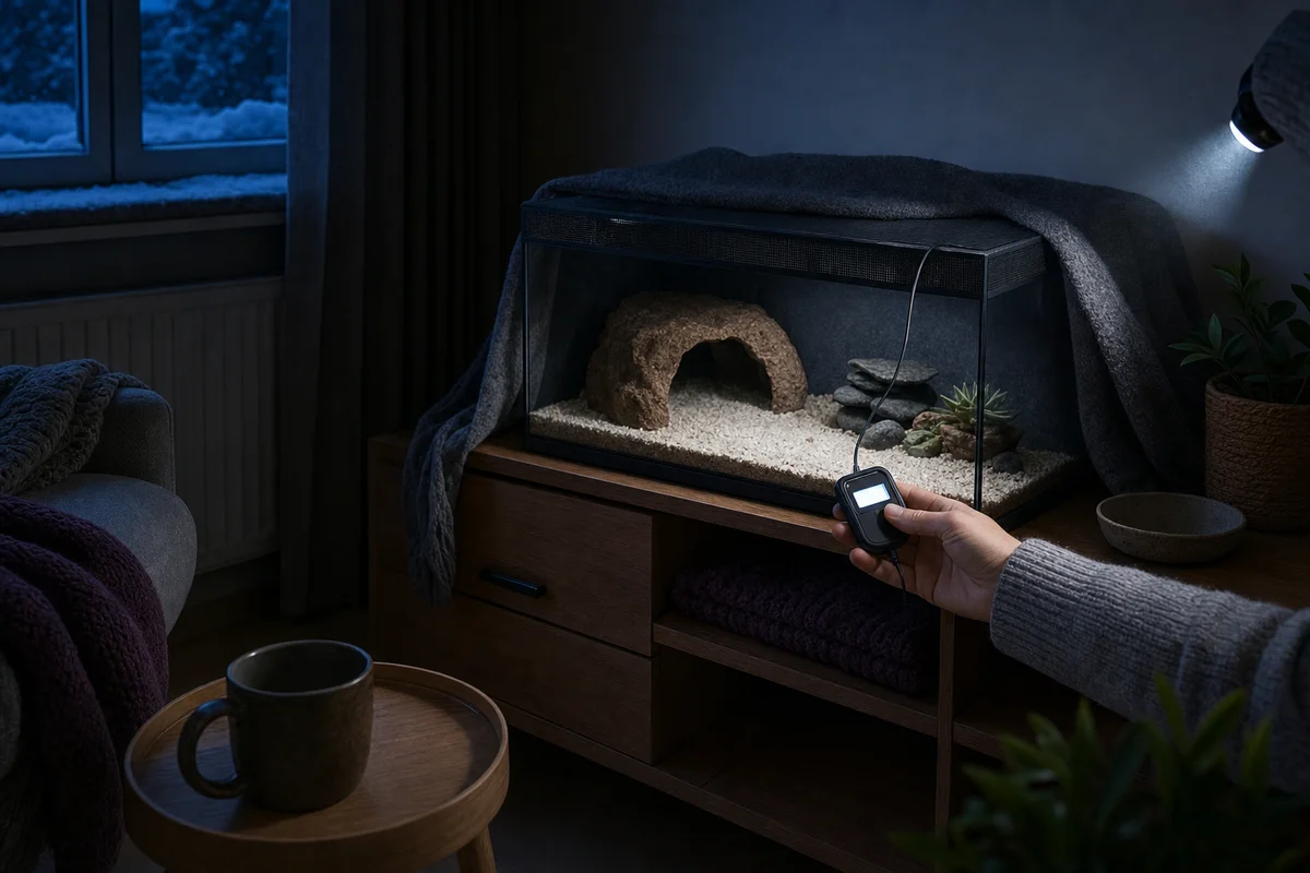 Pomiar temperatury w terrarium termometrem z sondą przy braku prądu