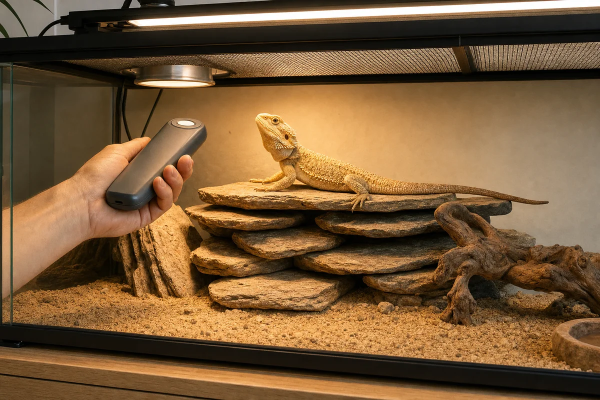 Pomiar UVB w terrarium miernikiem UV w miejscu wygrzewania, czujnik skierowany w stronę lampy