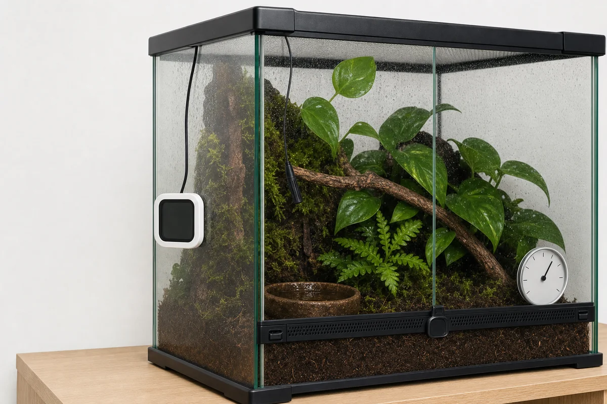Pomiar wilgotności w terrarium — higrometr cyfrowy z sondą i higrometr analogowy