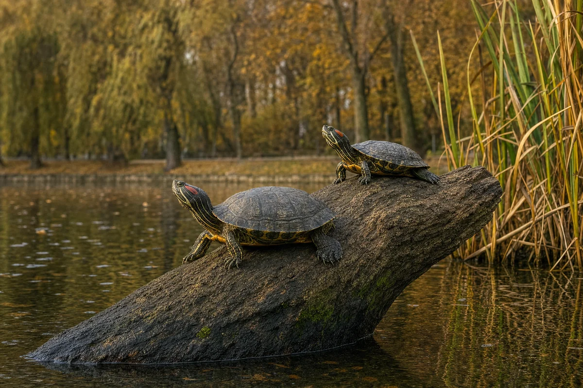 Porzucone żółwie czerwonolice wygrzewają się na pniu w miejskim stawie