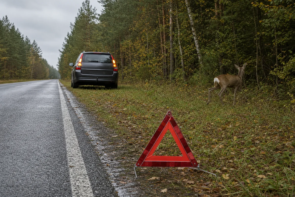 Potrącona sarna - zabezpieczone miejsce zdarzenia na drodze