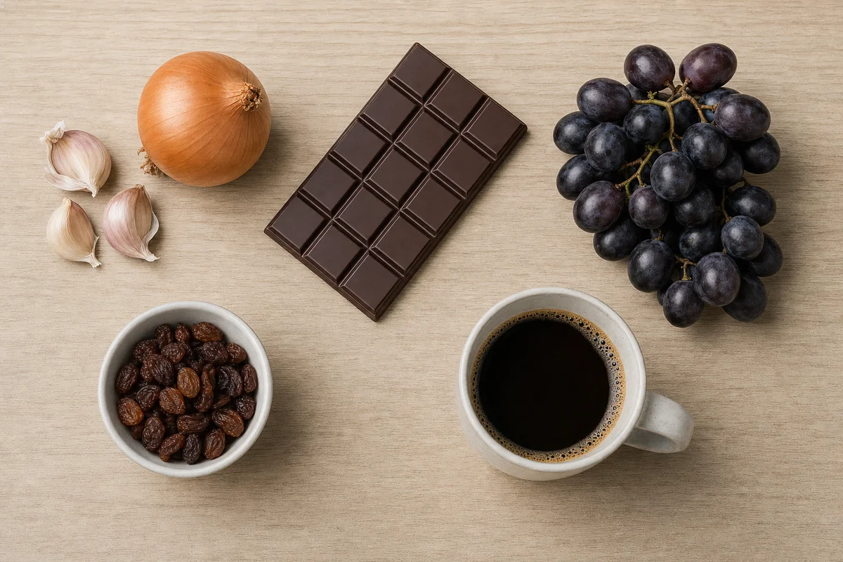 Produkty groźne dla kota na kuchennym blacie — cebula, czosnek, czekolada, winogrona, kawa
