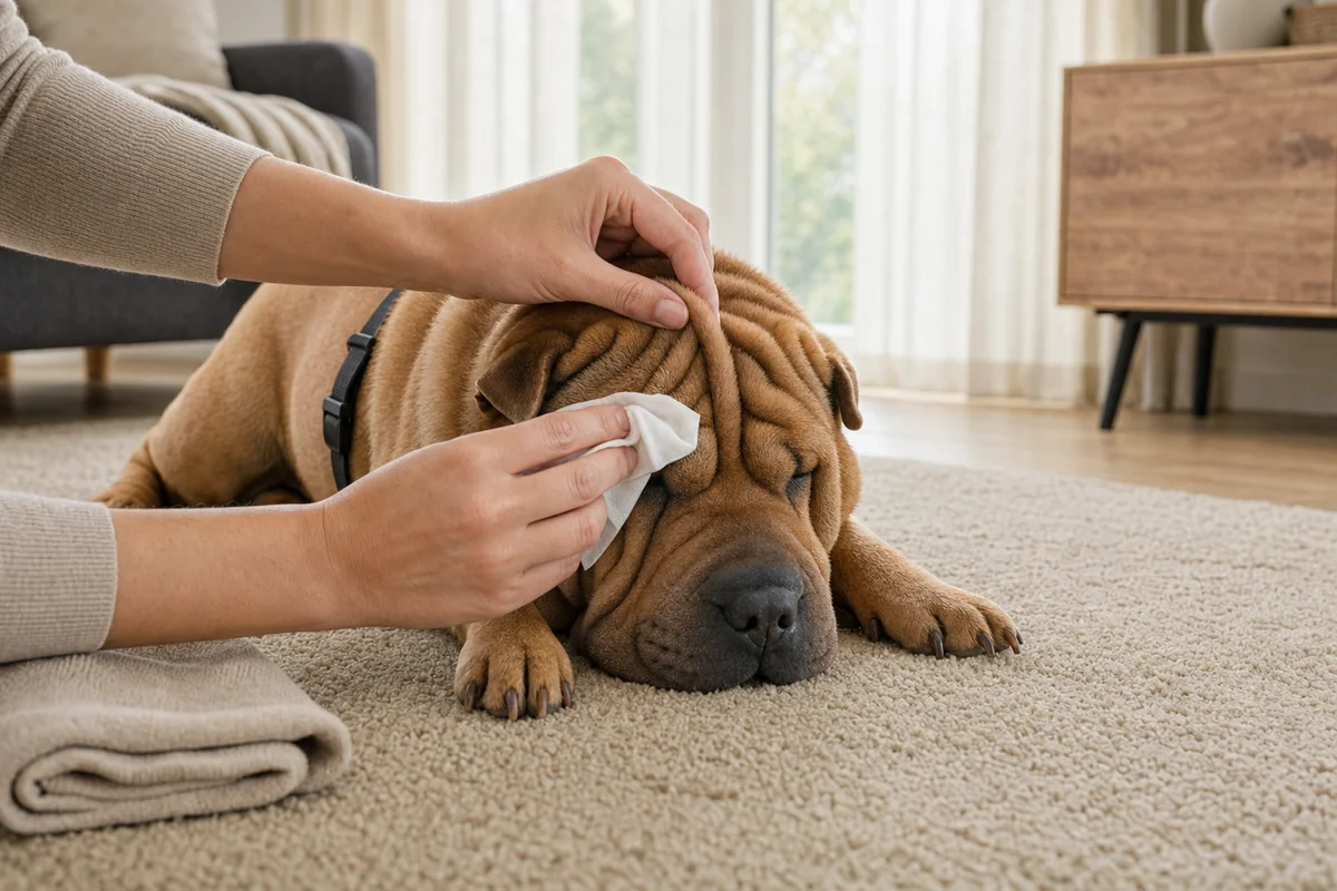 Przecieranie fałdów skóry na głowie shar pei