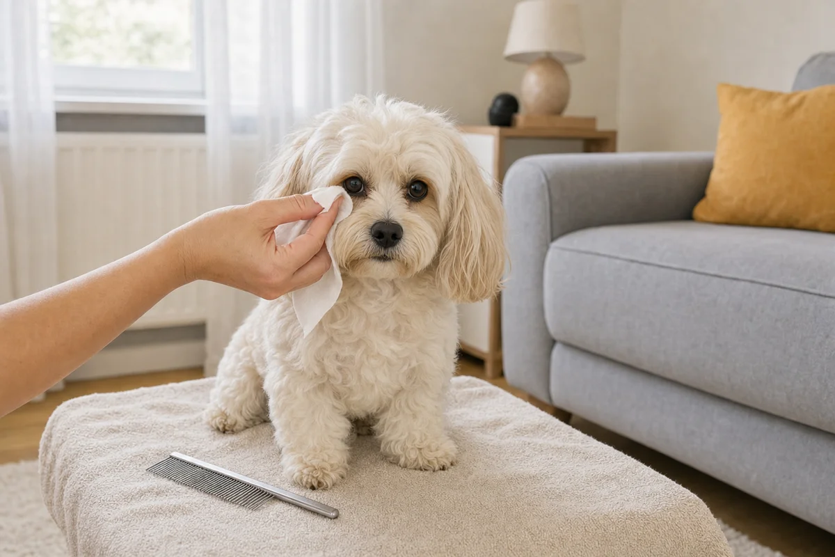 Przecieranie okolic oczu maltipoo, żeby nie powstały zacieki