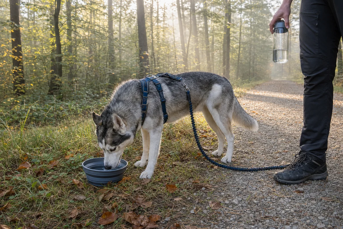 Przerwa na wodę dla psa na trasie dogtrekkingu