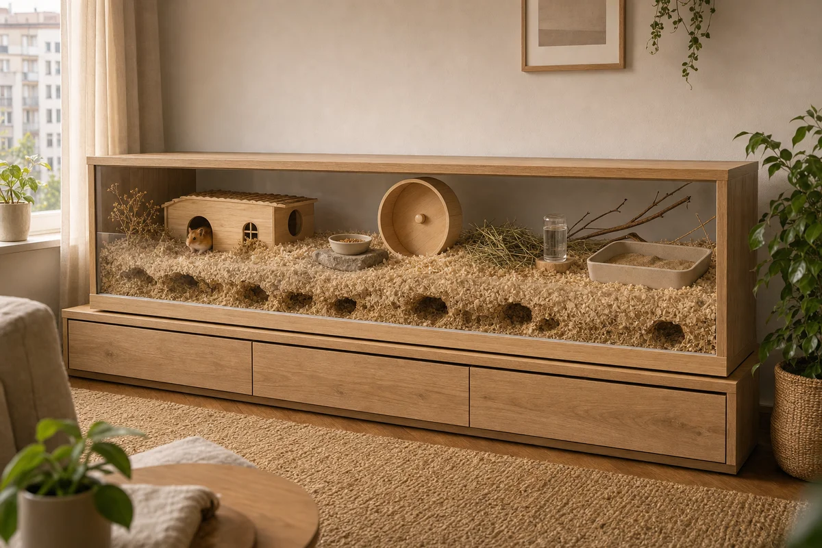 Przestronne terrarium dla chomika syryjskiego z grubą ściółką, dużym kołowrotkiem i domkiem