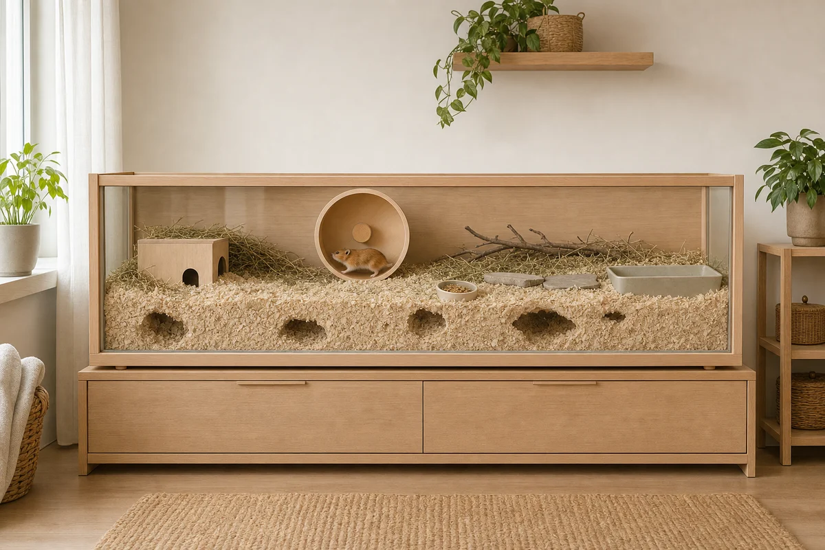 Przestronne terrarium dla chomika z grubą ściółką, dużym kołowrotkiem i kryjówką