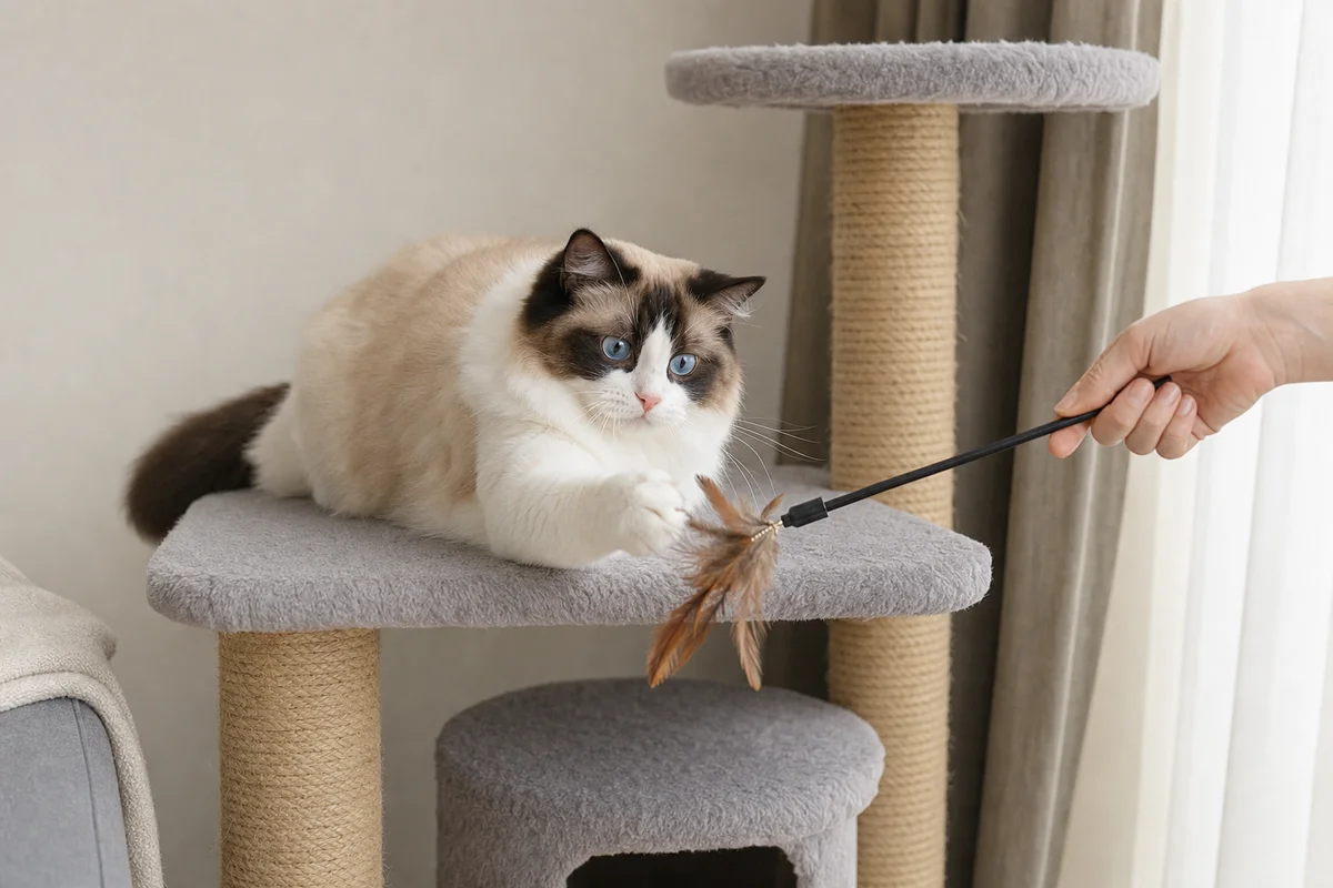 Ragdoll bawi się wędką na półce drapaka