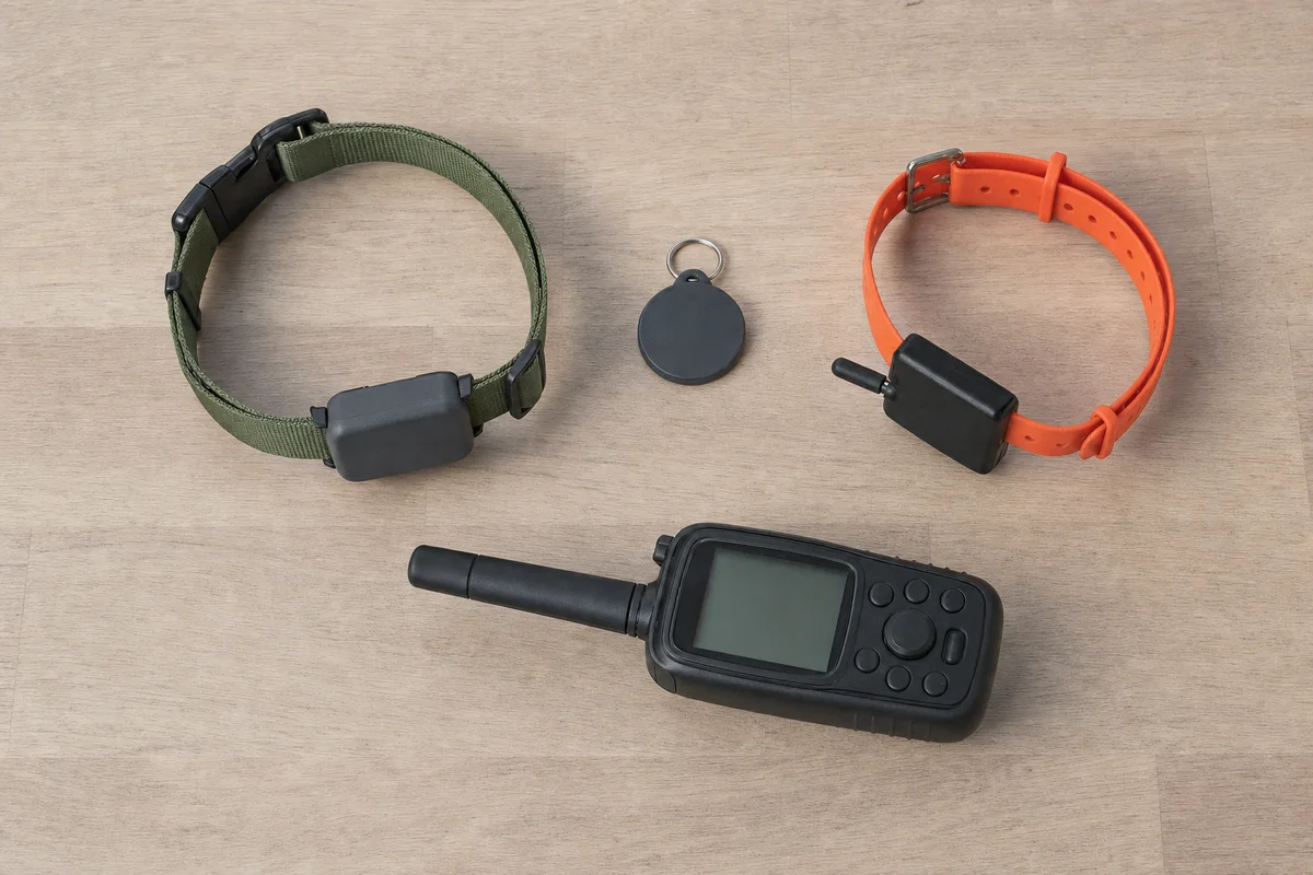 Rodzaje lokalizatorów dla psa — nadajnik GPS, brelok Bluetooth i obroża radiowa z odbiornikiem