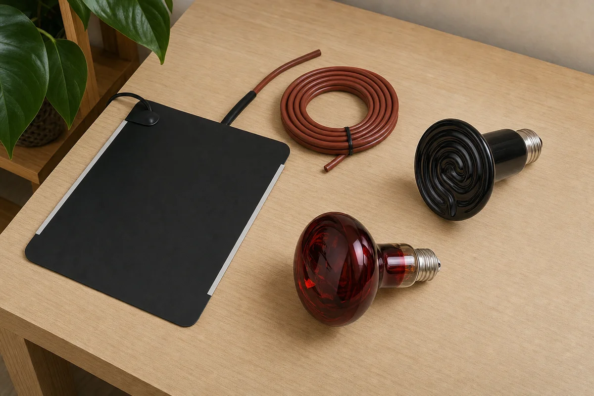 Rodzaje ogrzewania terrarium — mata, kabel grzewczy, emiter ceramiczny i żarówka