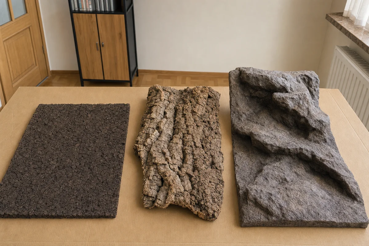 Rodzaje tła do terrarium - płyta prasowanego korka, naturalna kora korkowa i tło 3D
