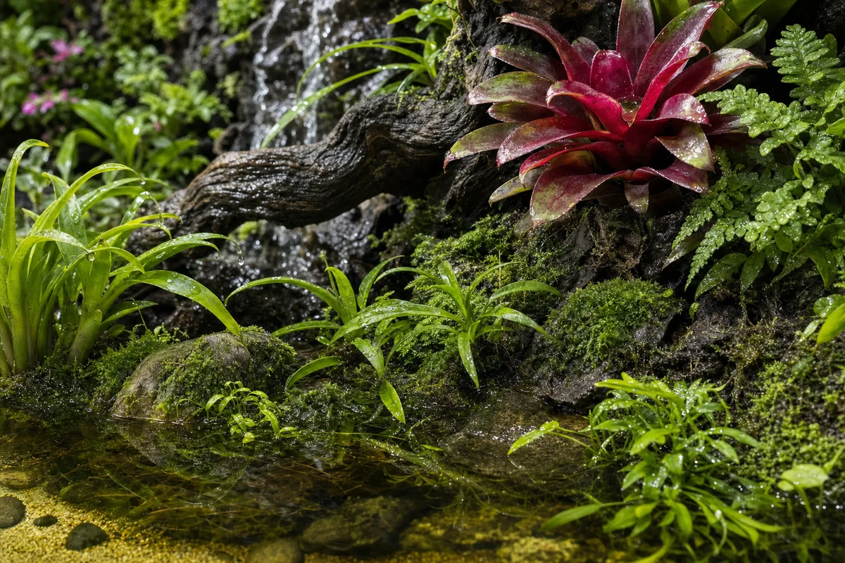 Rośliny strefy brzegowej i bromelia w paludarium