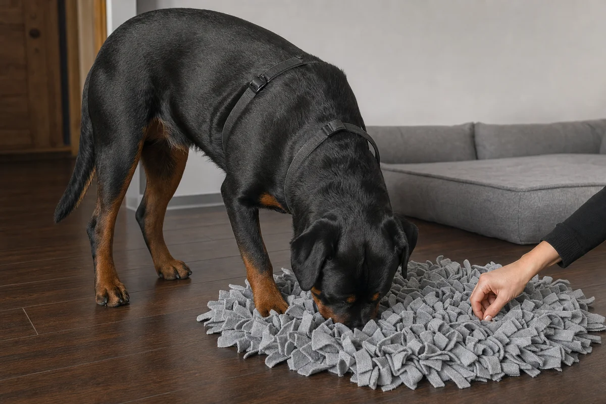 Rottweiler szuka smakołyków w macie węchowej
