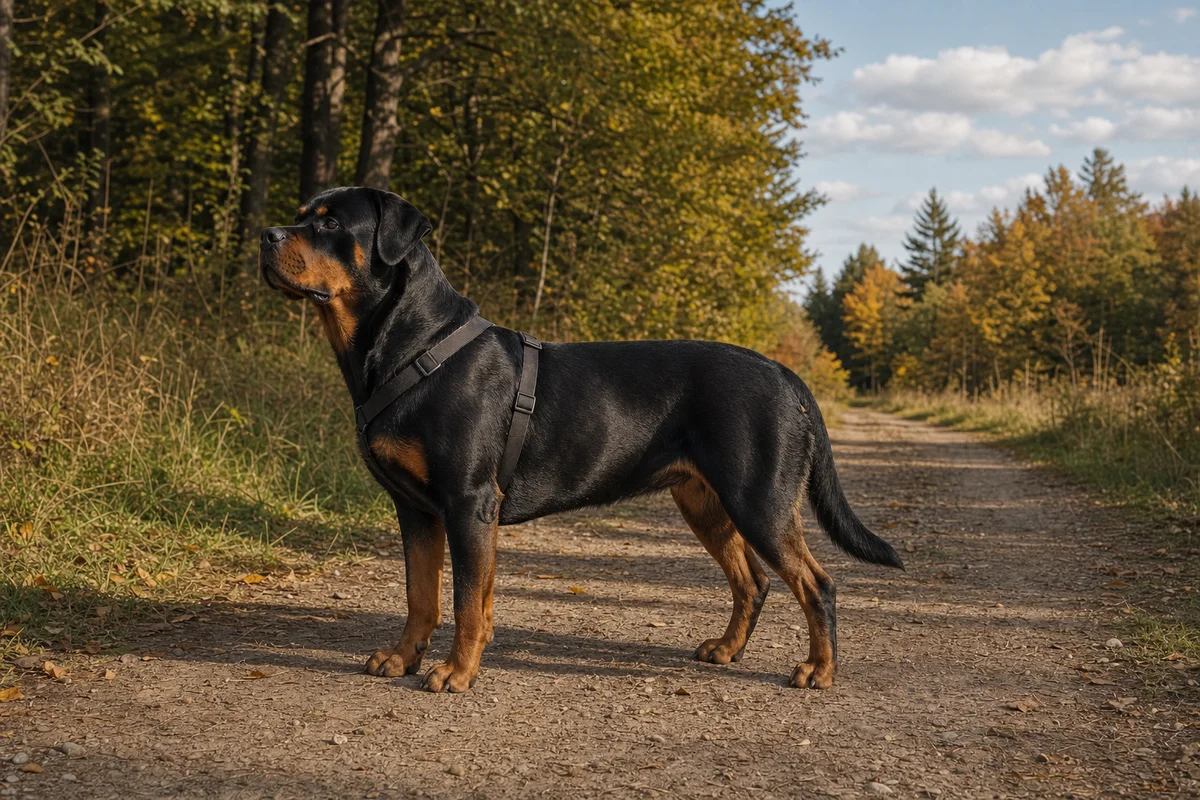 Rottweiler z profilu — budowa i czarne umaszczenie z podpalaniem
