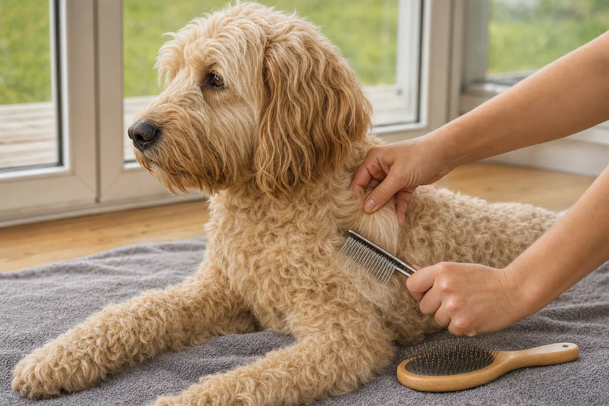 Rozczesywanie falistej sierści labradoodle grzebieniem