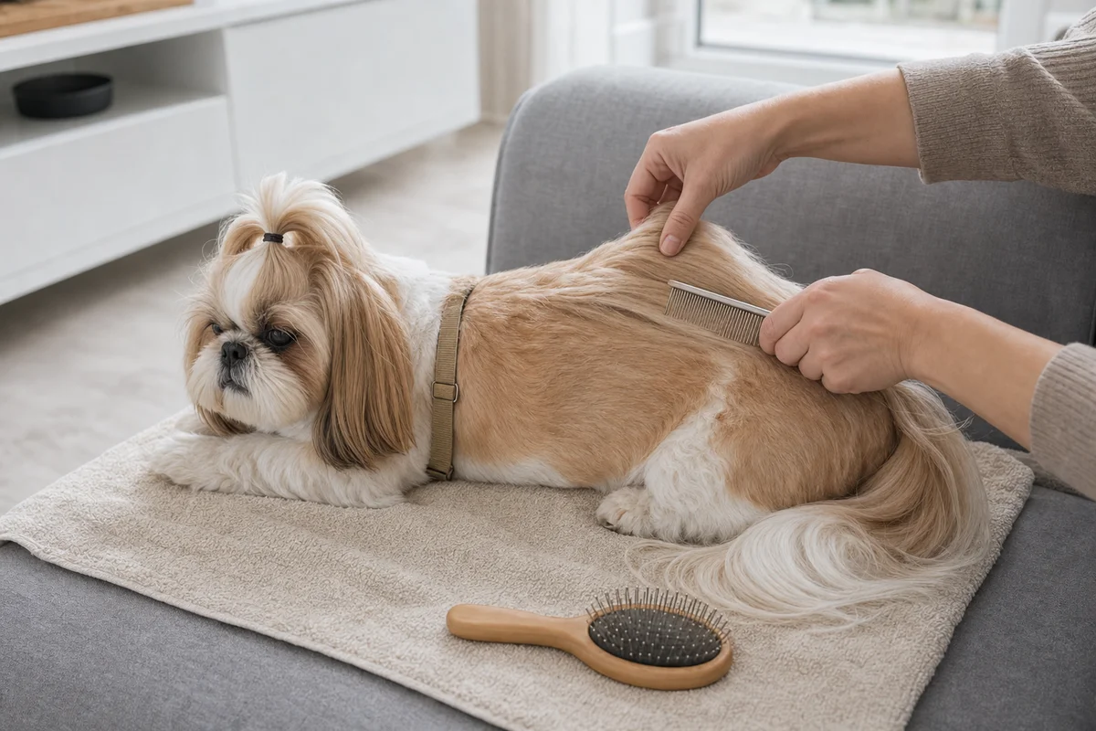 Rozczesywanie sierści shih tzu grzebieniem warstwami